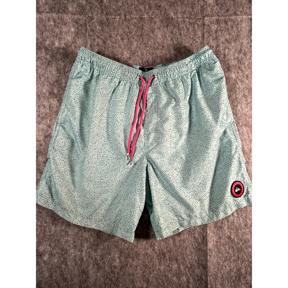 Quiksilver Volley Shorts Mens L Aqua Blue Pink Dash Print Swim Trunks 6in